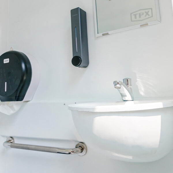 Eco Mobile restroom with integrated sink and water system