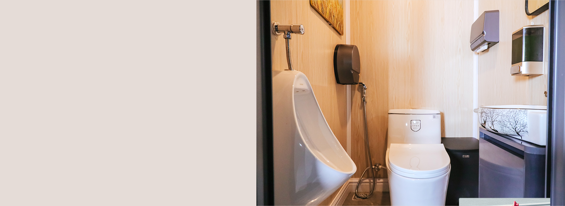 Elegant mobile toilet interior with wood panel finish