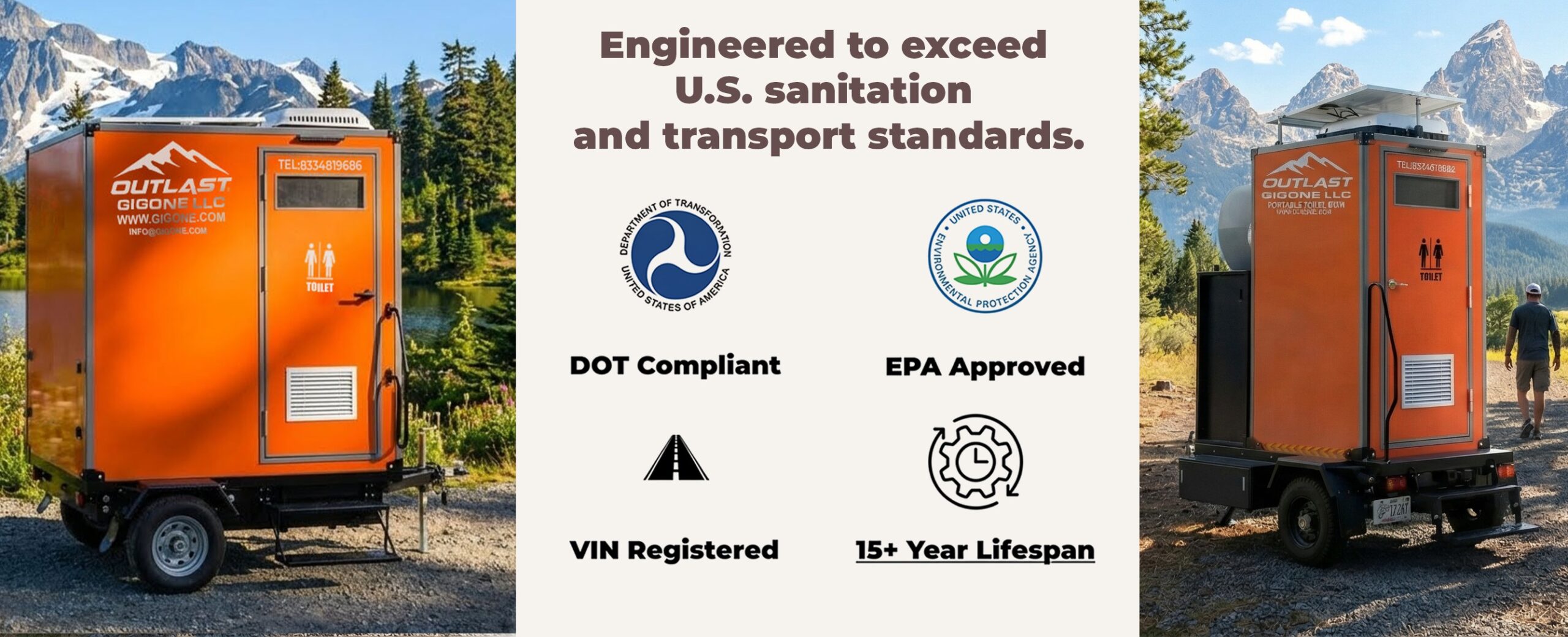 Outlast GigOne LLC portable toilet trailer: DOT Compliant, EPA Approved, VIN Registered, 15+ Year Lifespan — engineered to exceed U.S. sanitation and transport standards