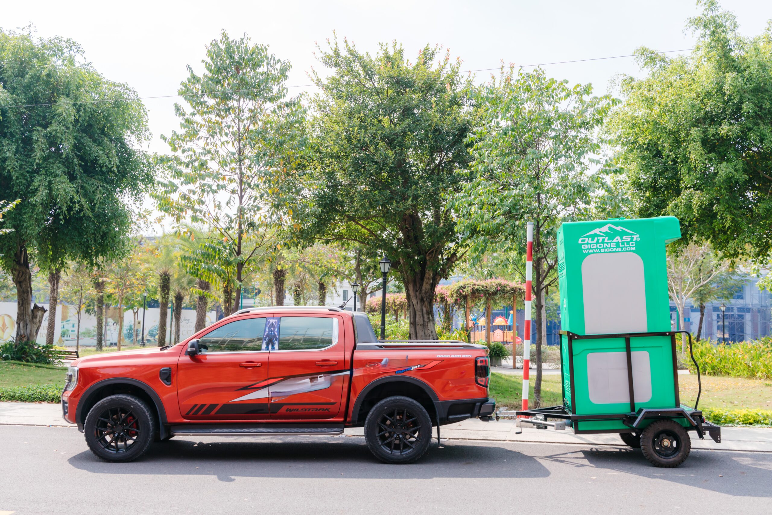 Registration-ready restroom trailer with VIN and registration plate