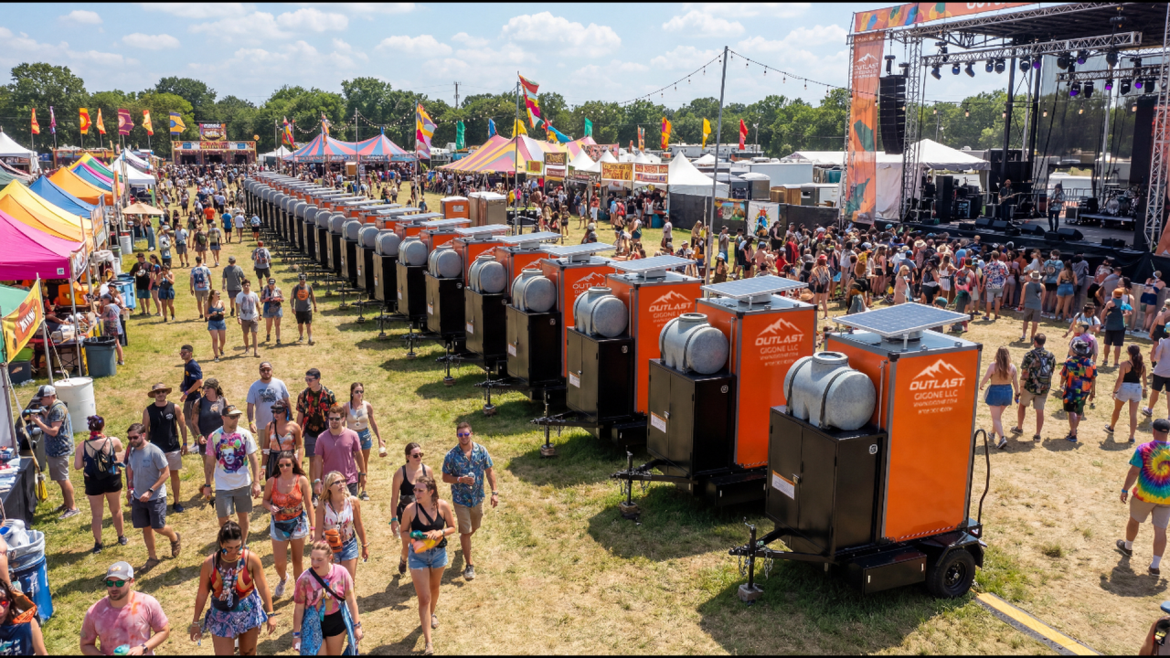 Rows of GIGONE vacuum flush restroom systems operating at a crowded outdoor music festival with thousands of attendees.