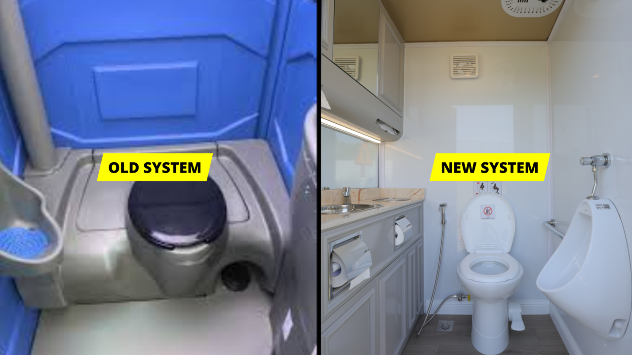 Comparison of an old portable toilet system and a modern Vacuum Flush Systems of restroom trailer for large events and premium event sanitation.