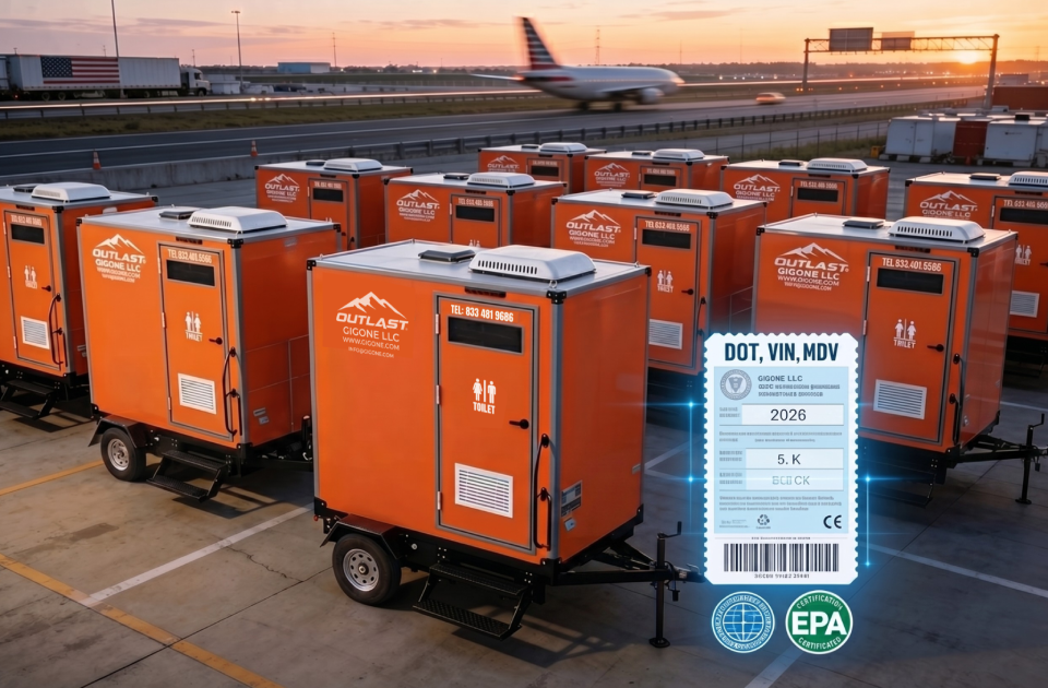 A 2026 ROI analysis for U.S. portable restroom operators showing GIGONE fleet trailers including the AA-1P and C-1P models.