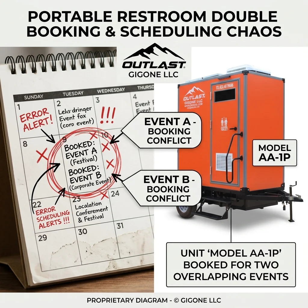 Portable restroom double booking conflict on a manual spreadsheet calendar causing scheduling chaos