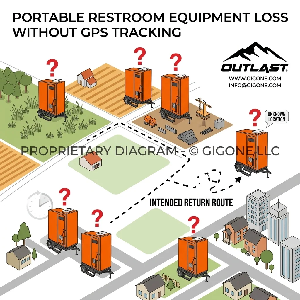 Portable restroom units scattered across job sites without GPS tracking leading to lost and misplaced equipment
