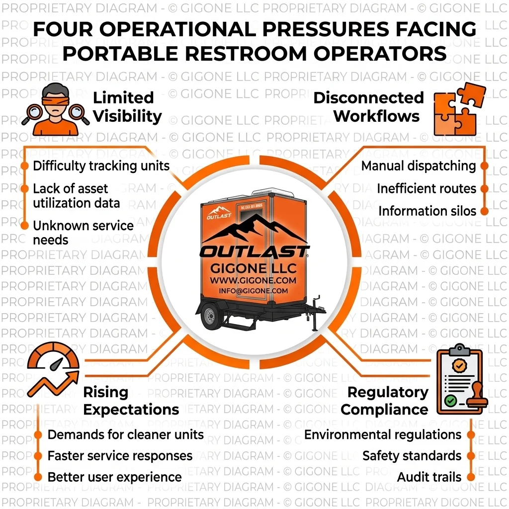 Four converging pressures in portable restroom operations limited visibility disconnected workflows rising expectations regulatory compliance