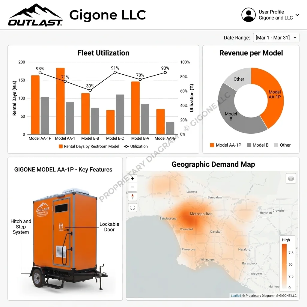 Portable restroom business analytics dashboard showing fleet utilization revenue by model and demand by location