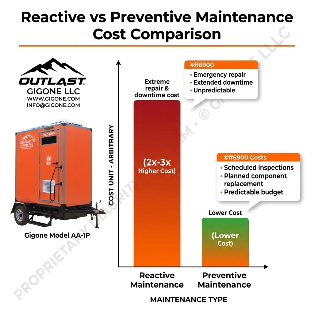 Reactive portable restroom maintenance costs two to three times more than preventive maintenance cost comparison chart
