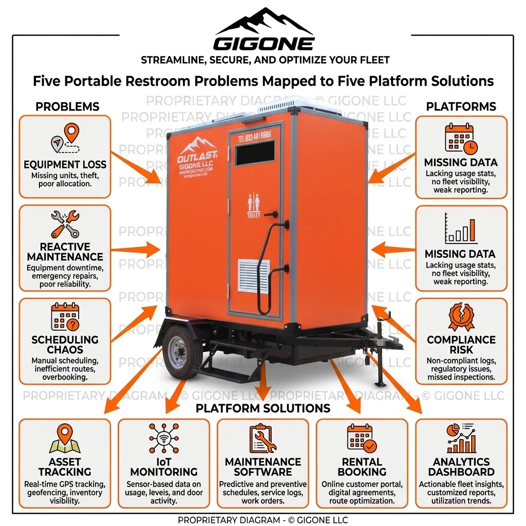 Five portable restroom industry problems mapped to five smart restroom management platform solutions