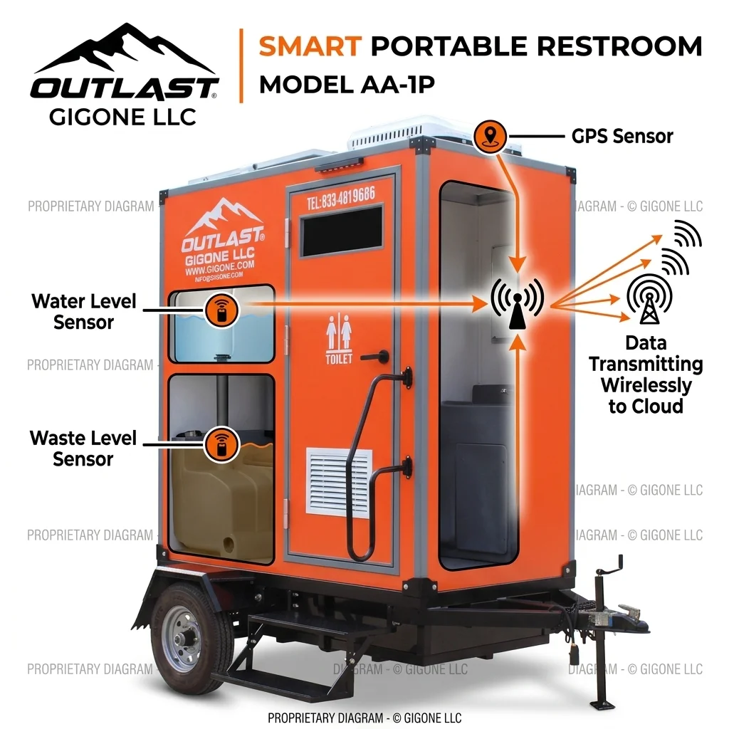 Smart portable restroom equipped with water level waste tank and GPS sensors transmitting real-time data