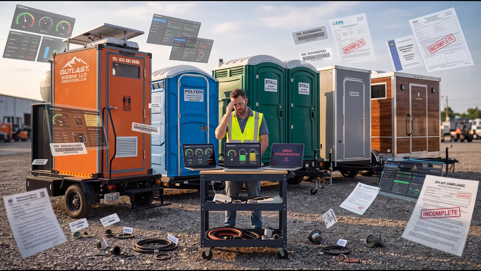Frustrated technician with multiple laptops among mixed portable restroom brands while floating dashboards show sensor mismatch errors and incomplete EPA DOT compliance forms