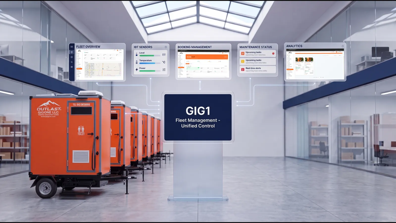 Warehouse lineup of orange portable restroom trailers connected to a GIG1 Fleet Management Unified Control display with floating panels for fleet overview IoT sensors booking maintenance and analytics