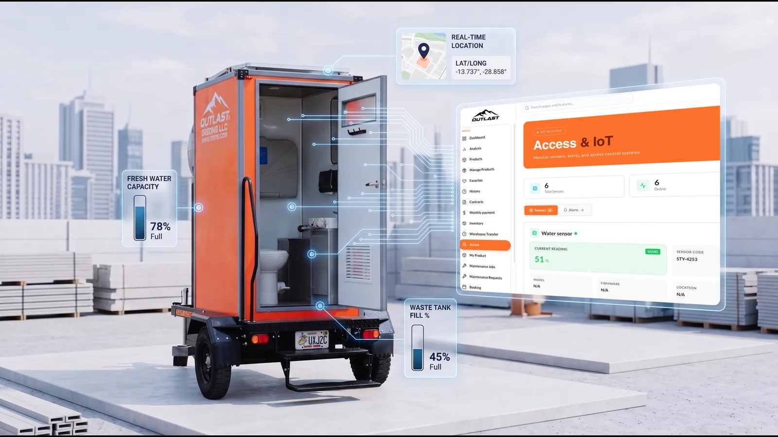 Operations specialist monitoring multi-screen fleet maps and predictive maintenance alerts while orange portable restroom units are serviced on a construction site outside