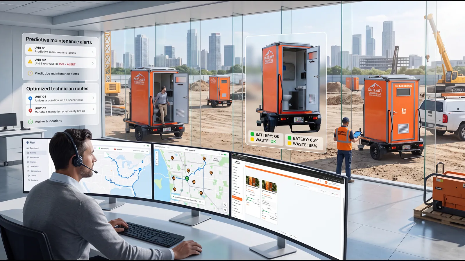 Orange portable restroom trailer on a construction site with digital overlays showing water level waste level GPS coordinates and an IoT sensor monitoring dashboard