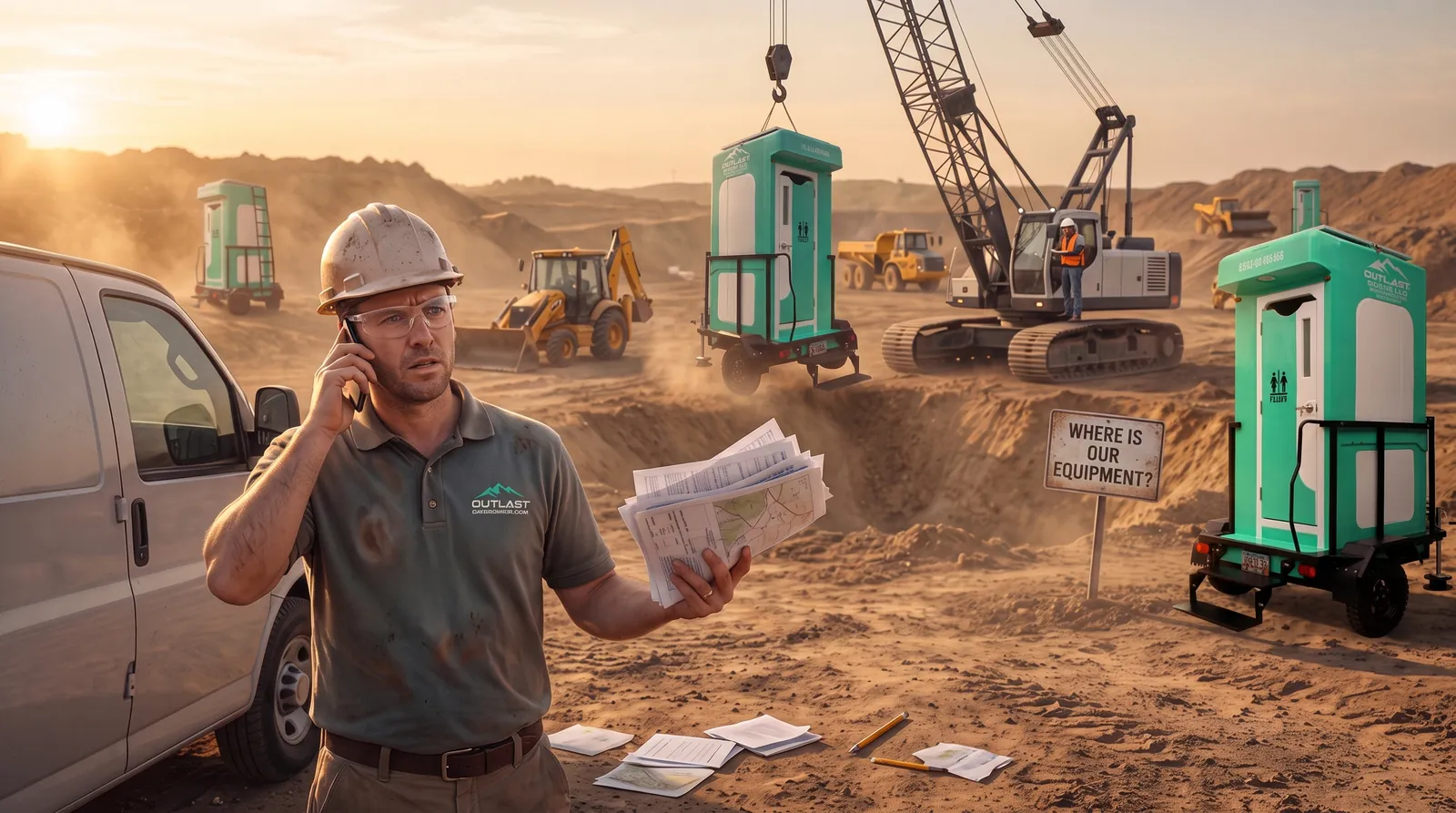 Construction supervisor on a dusty job site holding maps while Outlast-branded portable restroom trailers are moved by crane under a sign reading Where is our equipment