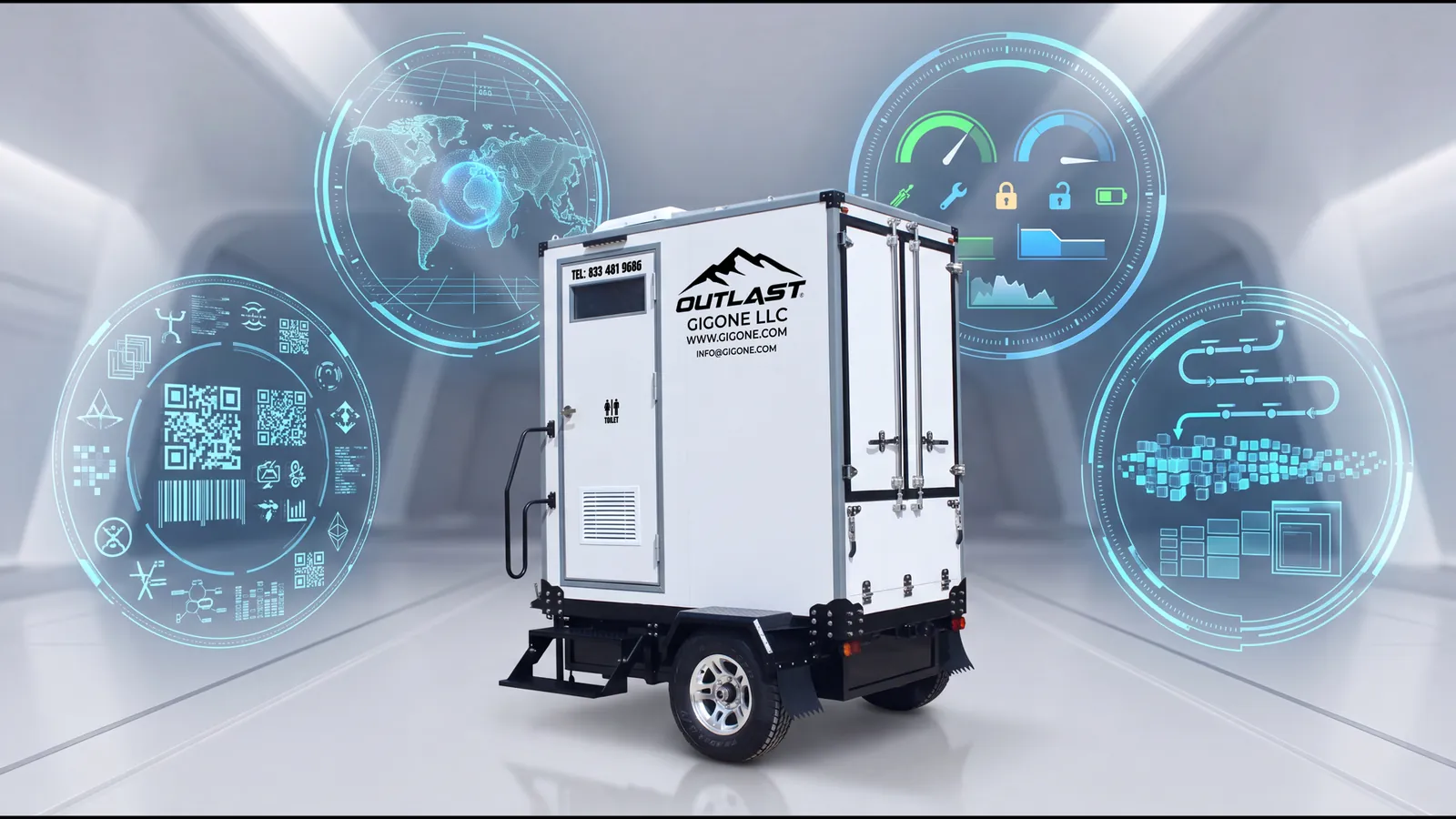 Portable restroom unit with holographic digital overlays showing water level waste level GPS location and status monitoring sensors