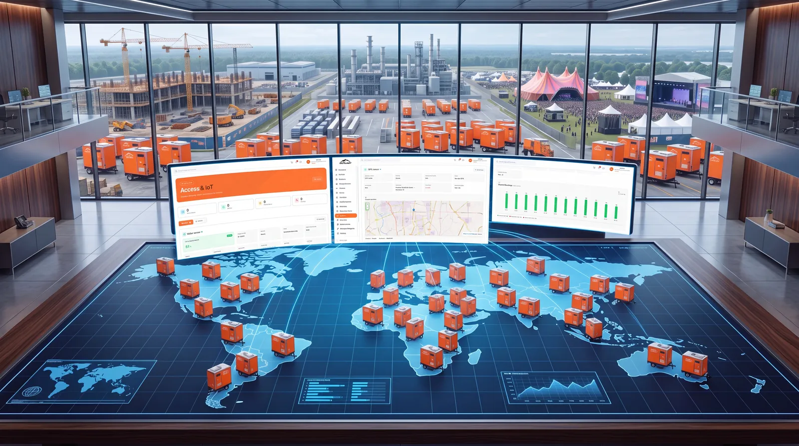 High-tech operations room with a digital world map of portable restroom units and dashboards for IoT access GPS tracking and analytics