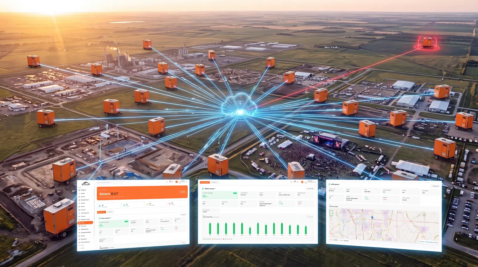 Smartphone displaying IoT monitoring dashboard with GPS map view tracking portable restroom units across multiple deployment sites with sensor data overlays