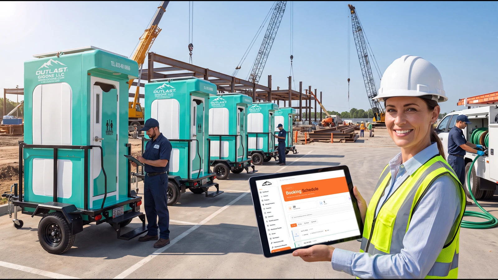 Site supervisor reviewing a portable restroom booking schedule on a tablet beside trailer-mounted restroom units and service technicians at a construction site