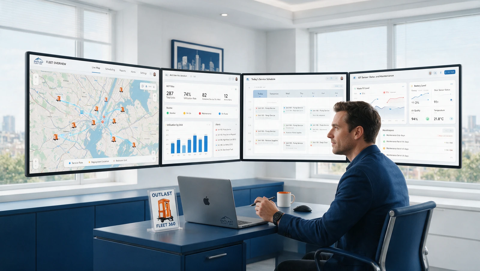 Fleet operator reviewing a multi-monitor portable restroom fleet management dashboard with live map, utilization KPIs, service schedule, and IoT sensor data