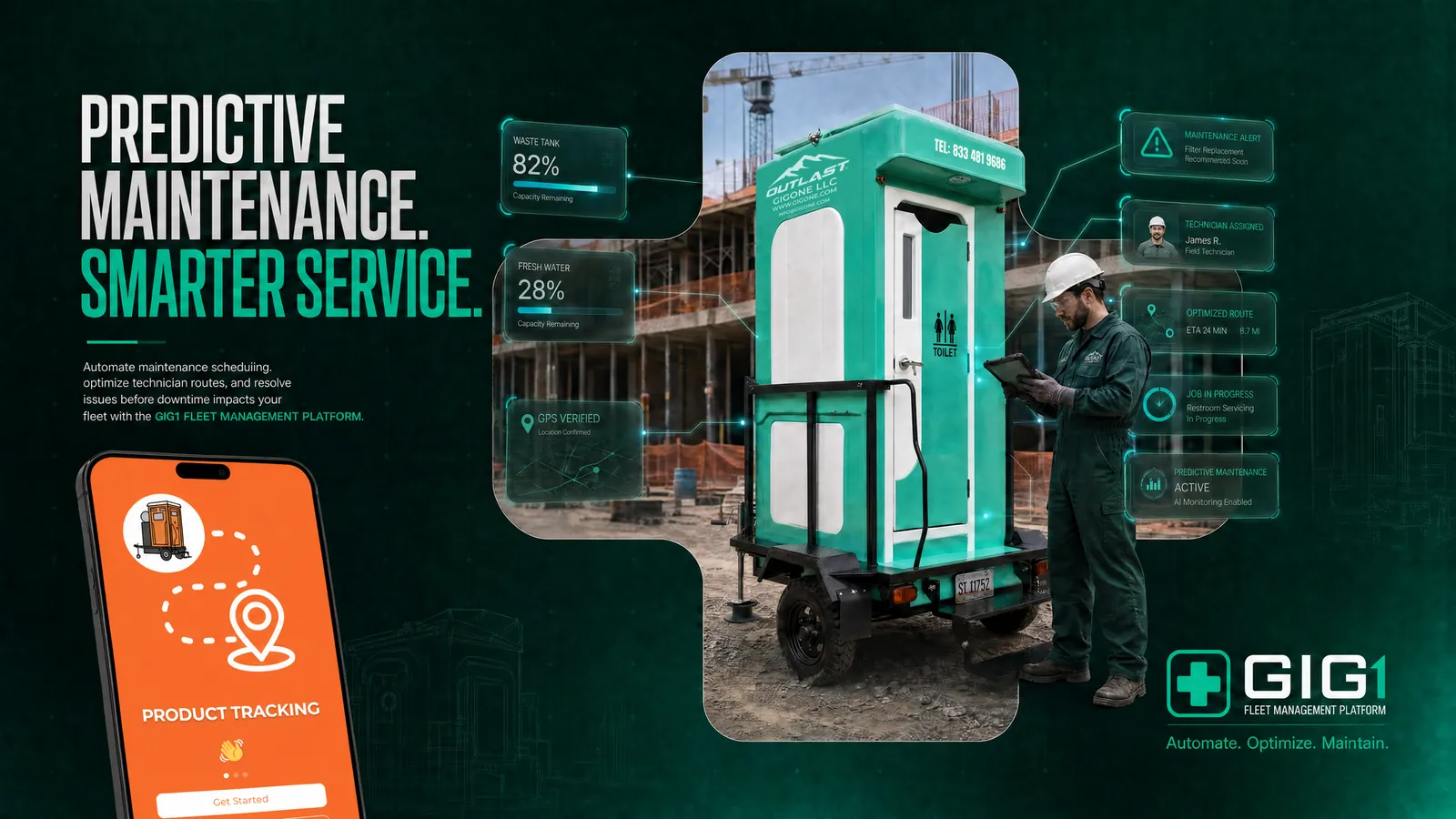 Construction-site portable restroom with GIG1 FLEET MANAGEMENT PLATFORM overlays: tank levels, maintenance alert, assigned technician, optimized route, and job in progress