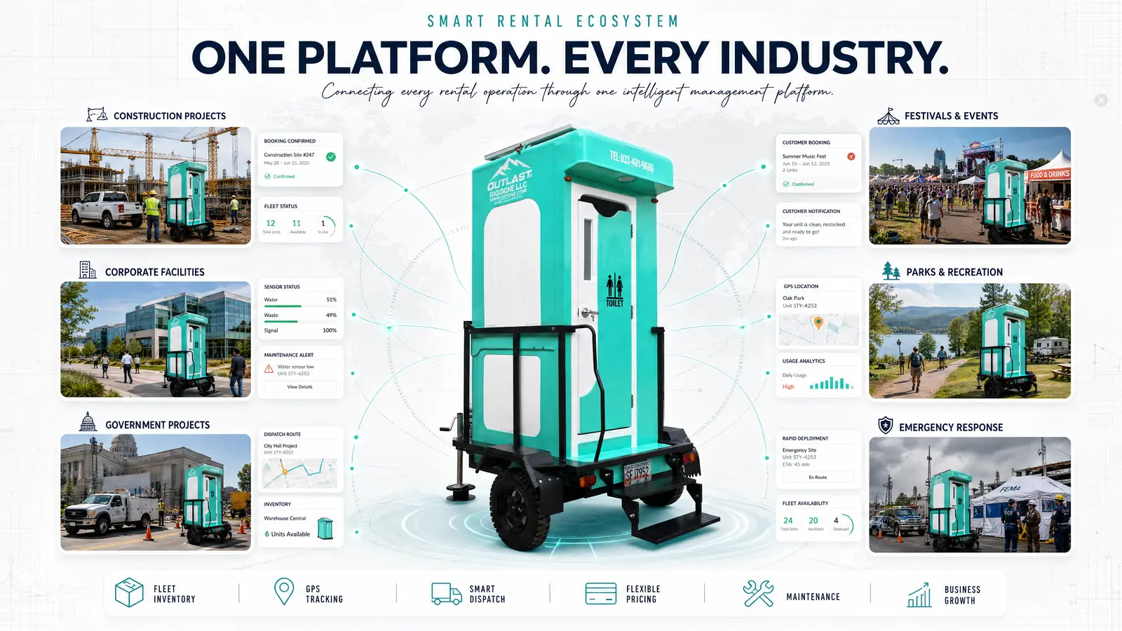 Portable restroom rental platform showing product catalog with location filters for Georgia Florida South Carolina Alabama Tennessee