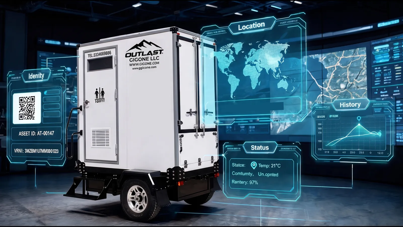 Connected portable restroom unit with holographic panels showing asset ID location status and service history for smart restroom fleet management