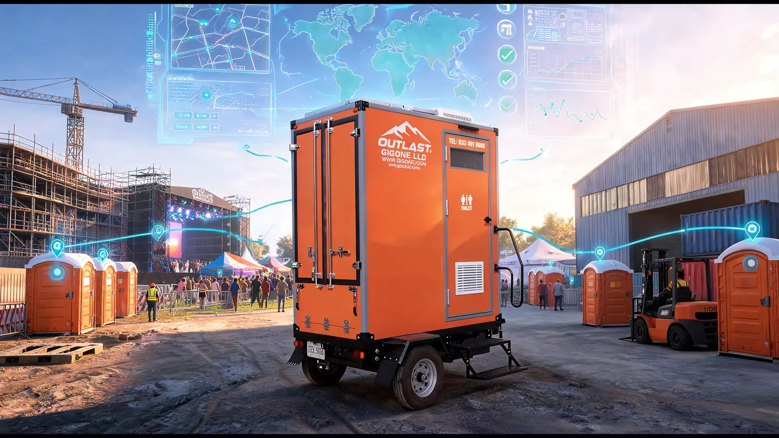 Orange portable restroom trailer and multiple tracked units across construction festival and warehouse sites linked by IoT network and holographic dashboards